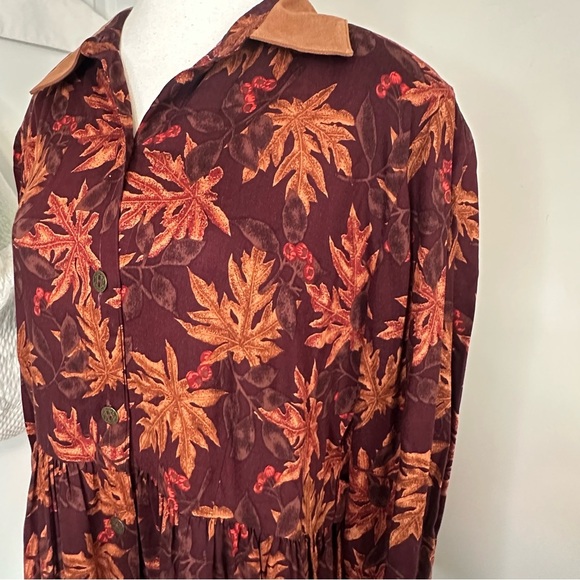 Vintage 90s Fall Leaves Brown Long Sleeve Fairygrunge Dress - Picture 3 of 4